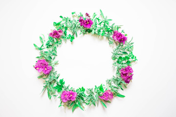 A wreath of violets on a white background. Round frame of purple flowers and fresh grass. Summer flowers.  Flat lay, top view.