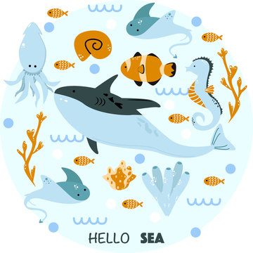 poster with sea animals hello sea - vector illustration, eps