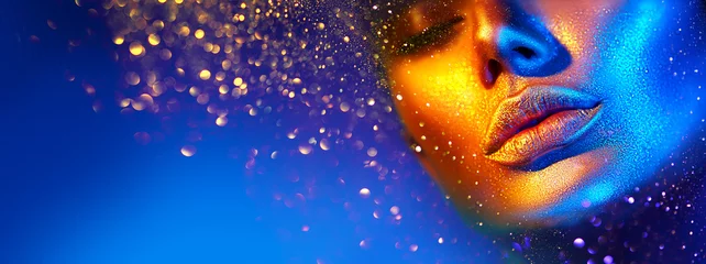 Foto op Plexiglas Het gezicht van de mannequinvrouw in heldere fonkelingen, kleurrijke neonlichten, mooie sexy meisjeslippen. Trendy gloeiende gouden huidmake-up © Subbotina Anna