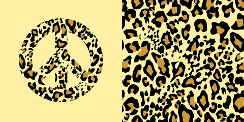 Animal wallpaper and hippie peace symbol with leopard gold print. Fashion design for t-shirt, bag, poster, scrapbook