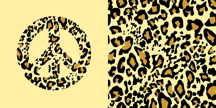 Animal Wallpaper And Hippie Peace Symbol With Leopard Gold Print. Fashion Design For T-shirt, Bag, Poster, Scrapbook