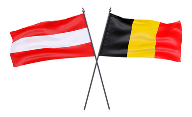 Austria and Belgium, two crossed flags isolated on white background. 3d image