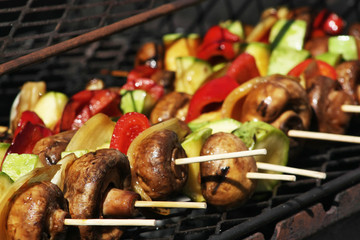 Vegetables on a stick on the grill.Close up.