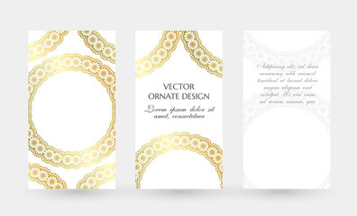 Gold ornament. Elegant vertical flayers. Vector illustration for event invitation, ceremony card or celebration banner.