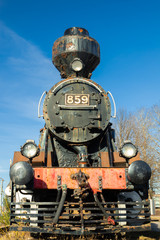 Kouvola, Finland - April 18, 2019: Old steam locomotive as an exhibit at the Kouvola railway...