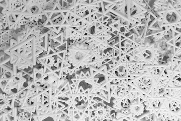 CGI geometric, bunch of triangle & star, view from top for design texture, background. Gray or black and white b&w 3D render.