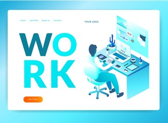 office worker. workplace Isometric illustration. EPS 10. Vector isometric illustration. landing page template
