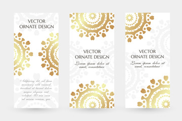 Golden circle motif. Graceful vertical flayers with decoration elements on the white background.