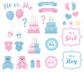 Gender reveal clipart with banners and frames.Blue and pink colors