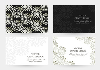 Silver floral elegant motif. Cards collection. Horizontal banners with decoration elements on the black and white background.