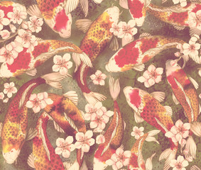 Seamless pattern with carp, and .sakura. Hand-drawn watercolor stock illustration with koi, and sakura flowers