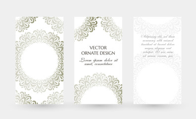 Silver circle ornament. Elegant vertical flayers. Vector illustration for event invitation, ceremony card or celebration banner.
