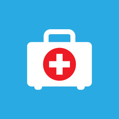 First aid kit icon in flat style. Health, help and medical diagnostics vector illustration on blue isolated background. Doctor bag business concept.