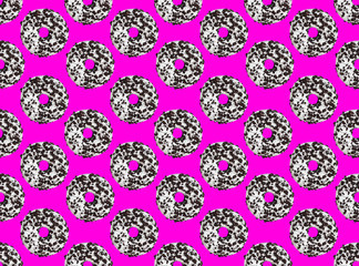creative geometric seamless pattern. White donut sprinkled with black cookie on trendy pink background. Ornament. Fashion design textile