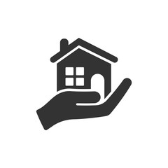 Home care icon in flat style. Hand hold house vector illustration on white isolated background. Building quality business concept.