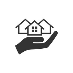 Home care icon in flat style. Hand hold house vector illustration on white isolated background. Building quality business concept.