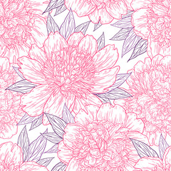 Seamless pattern with peony flowers hand drawn in lines. Graphic doodle sketch floral background. Vector illustration