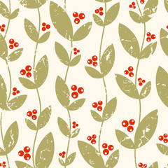 Seamless vector pattern with red berries and grass in retro style.