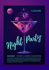 Cocktail party poster for a night club. Futuristic neon style illustration with planet and glass. Invitation template.