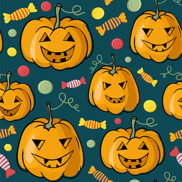 Halloween seamless vector pattern with pumpkins and candies. 