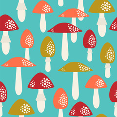 Seamless vector pattern with mushrooms. Amanita and toadstools background. 