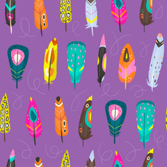 Various bright abstract feathers. Different shapes. Hand drawn vector seamless pattern. Colorful trendy illustration. Purple background