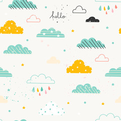 Various hand drawn clouds. Paper cut flat style. Scandinavian style. Vector seamless pattern for kids. Version for boys