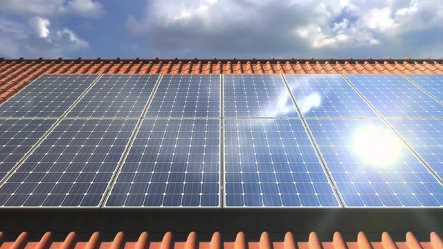 Video panning of solar panels modules on roof on a sunny day