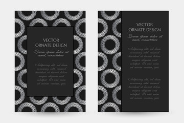 Silver circle decor. Luxury vertical posters with decorative frame and border on the black background.