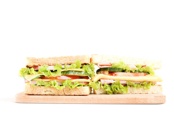 Tasty sandwiches with cutting board isolated on white background