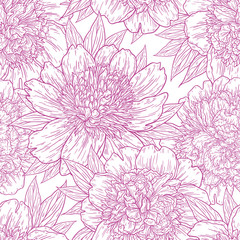 Seamless pattern with peony flowers hand drawn in lines. Graphic doodle sketch floral background. Vector illustration