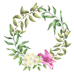Watercolor wreath of green leaves and garden flowers.