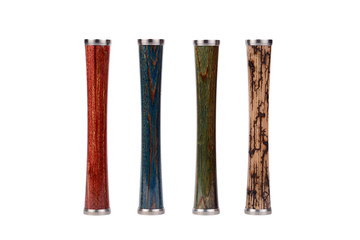 Wooden red, blue, green and brown, beige with scorched elements of lightning hookah shank upright isolated on a white background.