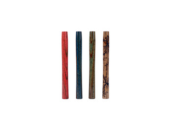 Wooden red, blue, green and brown, beige with scorched elements of lightning hookah details of the mouthpiece upright isolated on a white background.