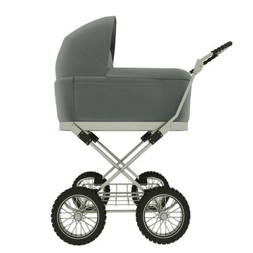 Side view of baby stroller isolated on white background. 3d illustration