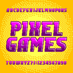 Pixel Game alphabet font. Digital gradient letters and numbers on pixel background. 80s retro arcade video game typeface.
