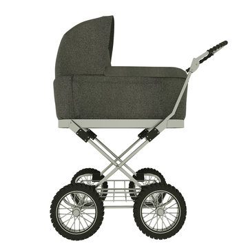 Side view of baby stroller isolated on white background. 3d illustration