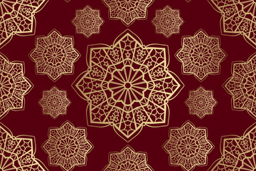 Islamic seamless ornament vector, persian motiff. Ramadan islamic round pattern elements. Geometric circular ornamental arabic symbol vector. Gold on black background.