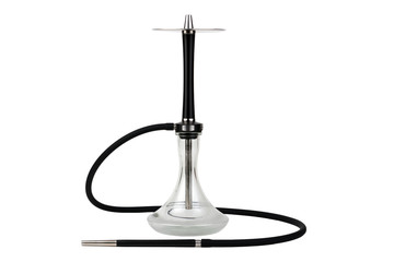 Luxury black matt hookah with a black hose with a clean bowl isolated on a white background. Metal hookah elements.