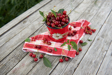 A cup of cherries  on a gray wooden table. Fresh, red, juicy berries from the garden. Top view.