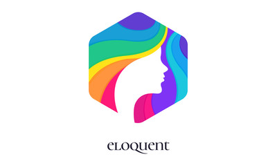 Colorful wavy lines lady face logo in hexagon shape 