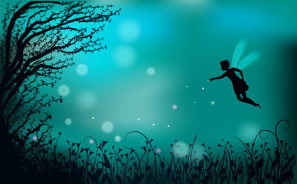 deep fairy forest silhouette at night with fairy girl and fireflies,