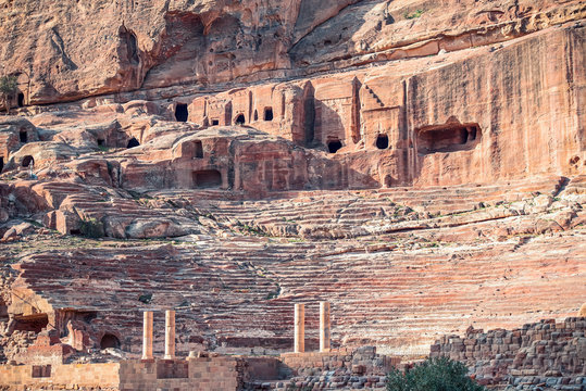  Roman theater in the ancient city of Petra, Nabatean Theatre, Jordan - Image, selective focus