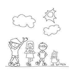 Doodle children. Hand drawn simple childrens coloring page, children's drawing a friends,clouds and sun. Doodle style illustration, isolated on white background.