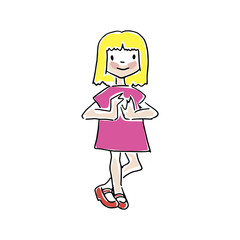 Girl. Hand drawn little girl in pink dress with blond hair, bright doodle style illustration, isolated on white background.