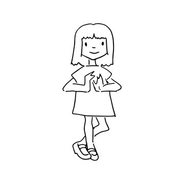 Doodle girl. Hand drawn simple children's coloring page, children's drawing a little girl, doodle style illustration, isolated on white background.