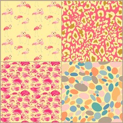 Fototapeta na wymiar Fashion seamless backgrounds with pink flamingo, animal golden print, pebbles and rose strokes for fabric, textile, wrapping paper, wallpaper, web design