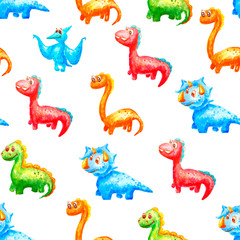 Watercolor seamless pattern cute dinosaurs of different colors and types on a white background