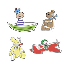 Toys doodle set. Children's drawing toys (bear, sailor, plane), set of colored cartoon toys on white background.
