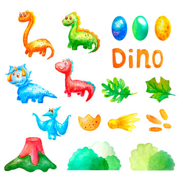Watercolor set collection cute dinosaurs and colorful eggs, a volcano, leaves, comets,step,bushs and the words Dino on a white background isolated